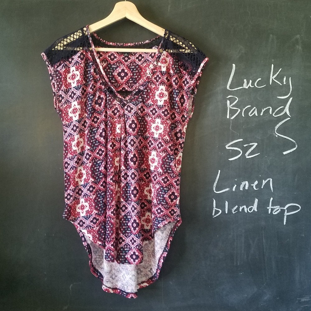 Lucky Brand Linen Blend Summer Short Sleeve Top Crochet Details Sz S